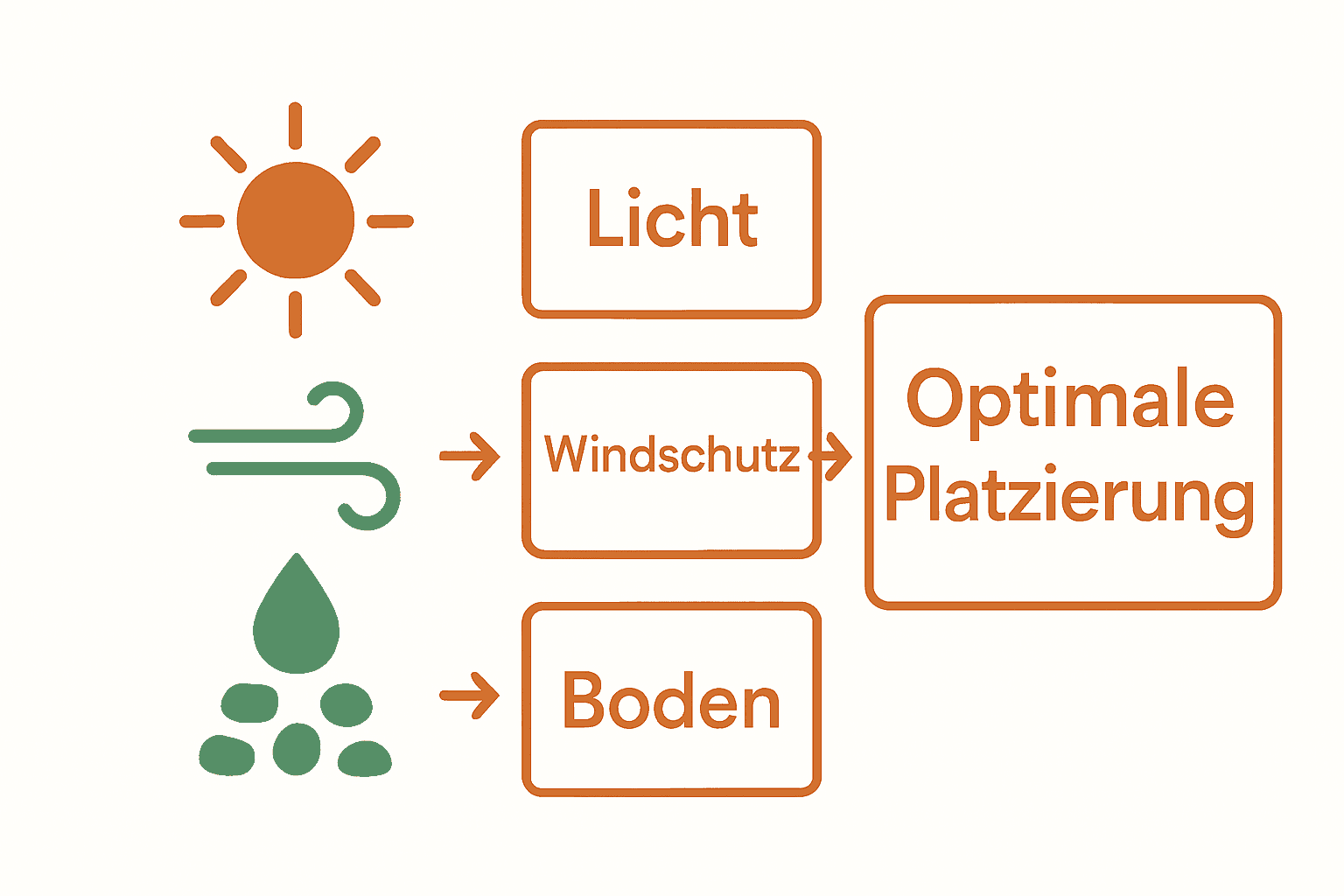 Infografik zu Standortfaktoren für Pflanztröge: Licht, Wind, Drainage
