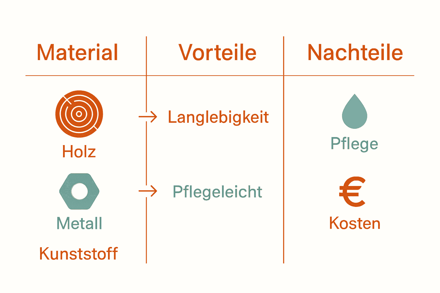 Vergleich wichtige Materialien für Outdoor-Möbel in Tabelle