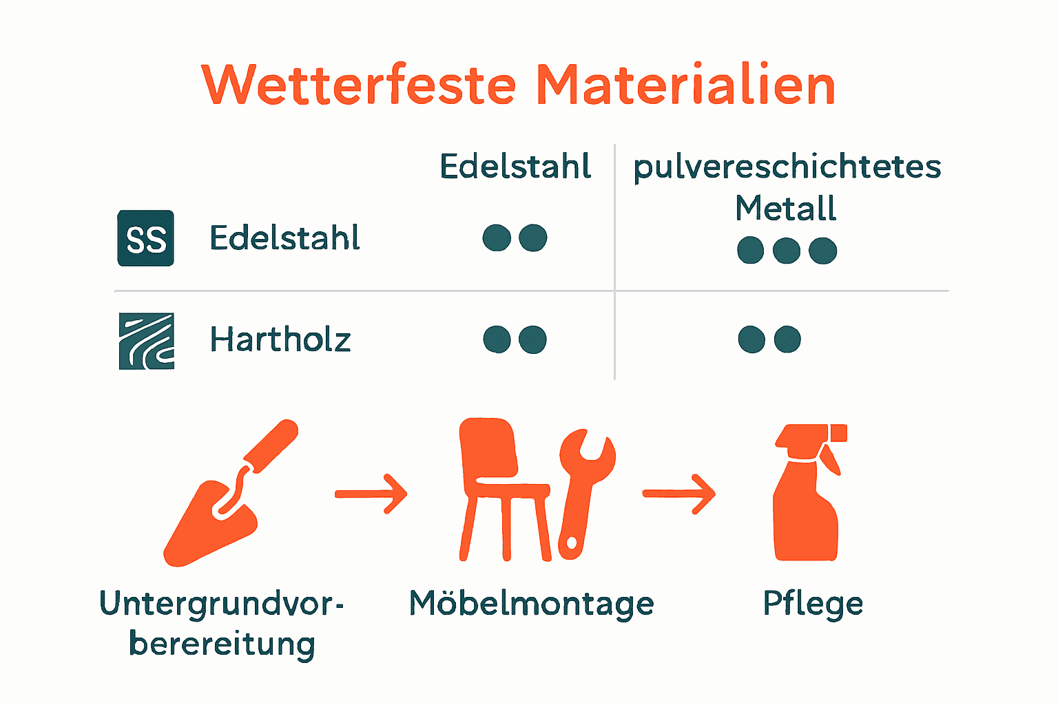 Infografik zum Vergleich wetterfester Materialien und Pflege.