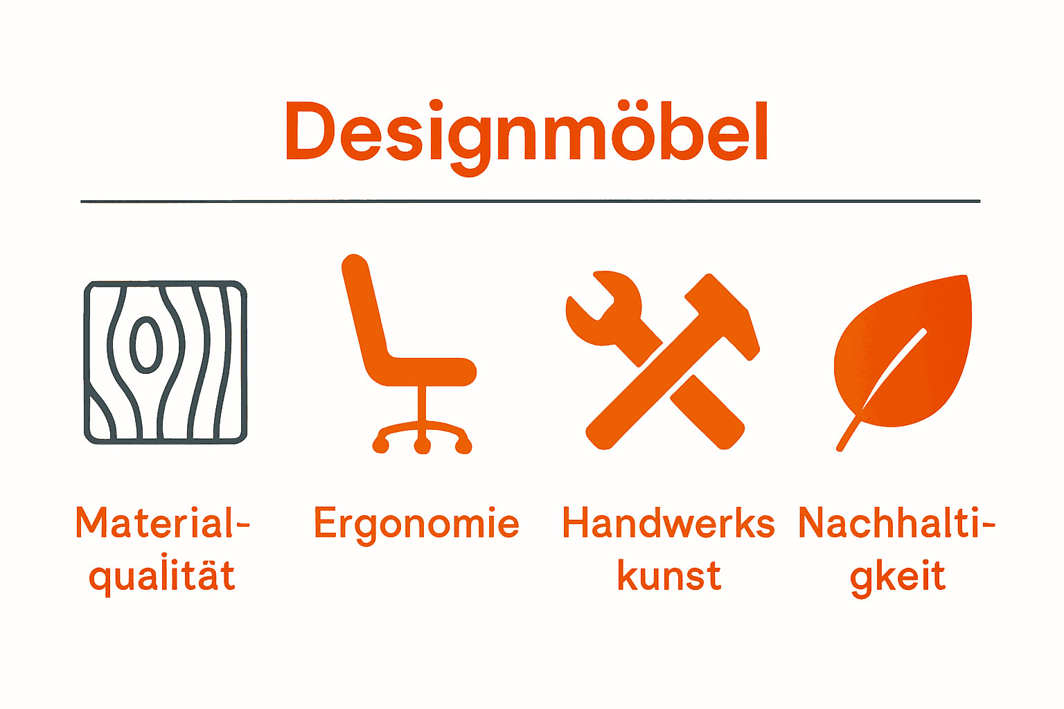 Infografik Auswahlkriterien für hochwertige Designmöbel mit vier Symbolen