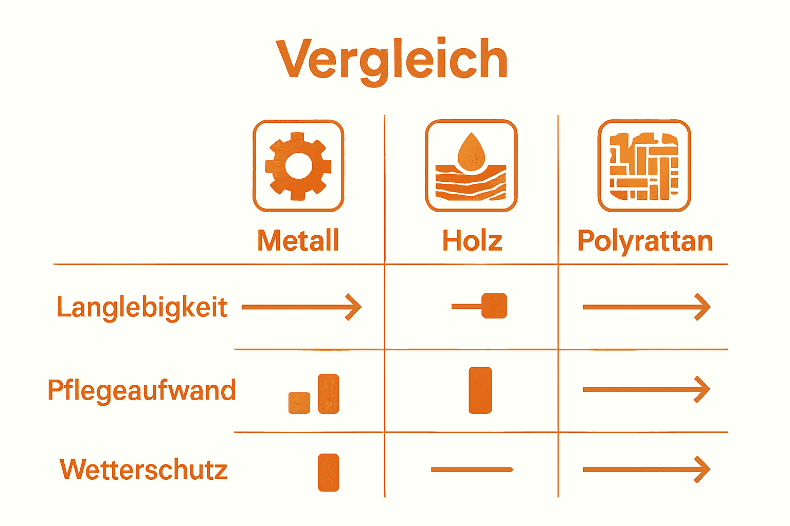 Infografik vergleicht Langlebigkeit und Pflege verschiedener Gartenmöbel-Materialien.