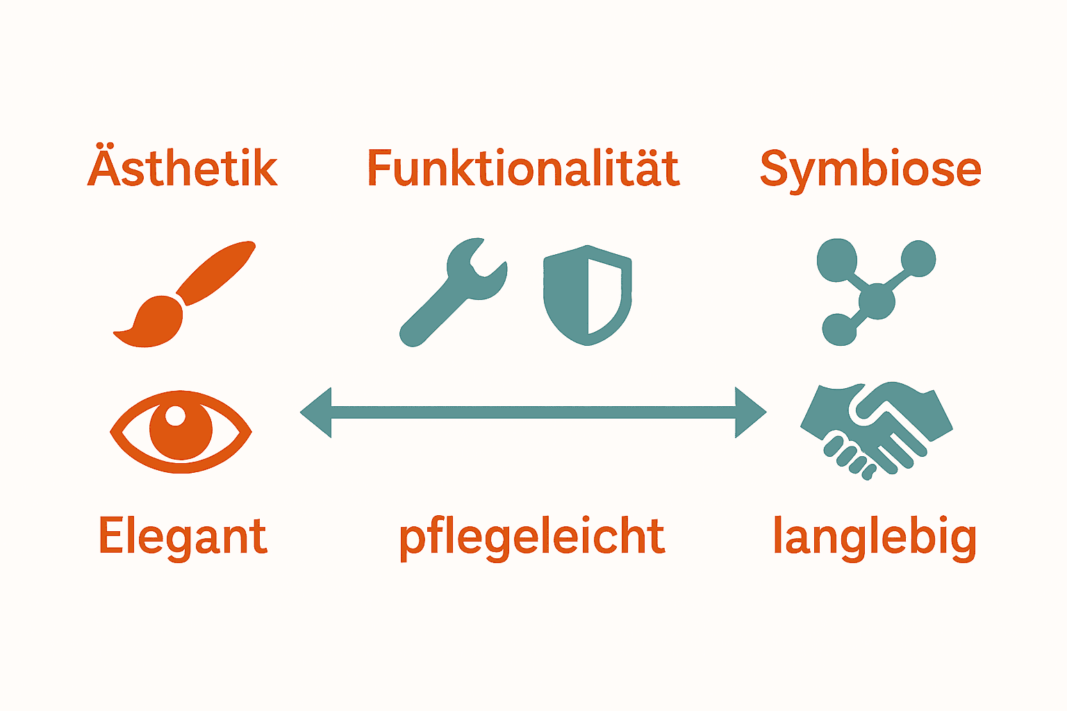 Vergleich Ästhetik und Funktionalität bei Outdoor-Möbeln in drei Spalten mit Icons
