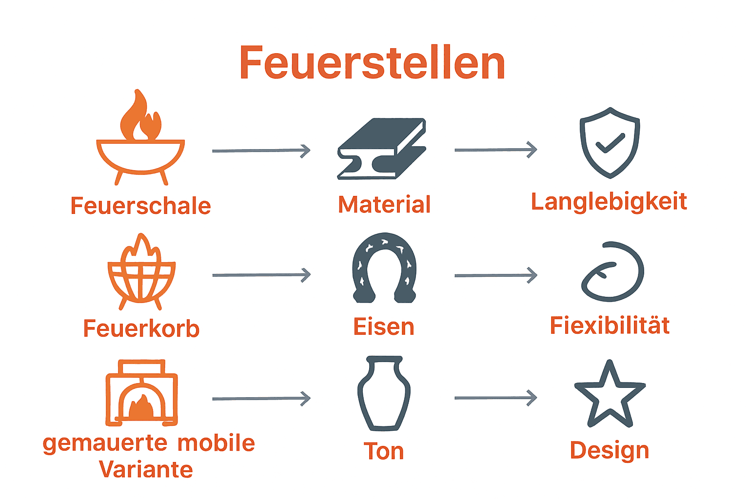 Infografik zu Bauarten und Materialien moderner Feuerstellen
