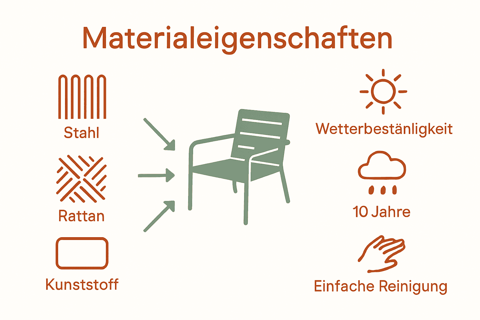 Infografik zu wetterfesten Materialien und Lebensdauer von Outdoor-Möbeln