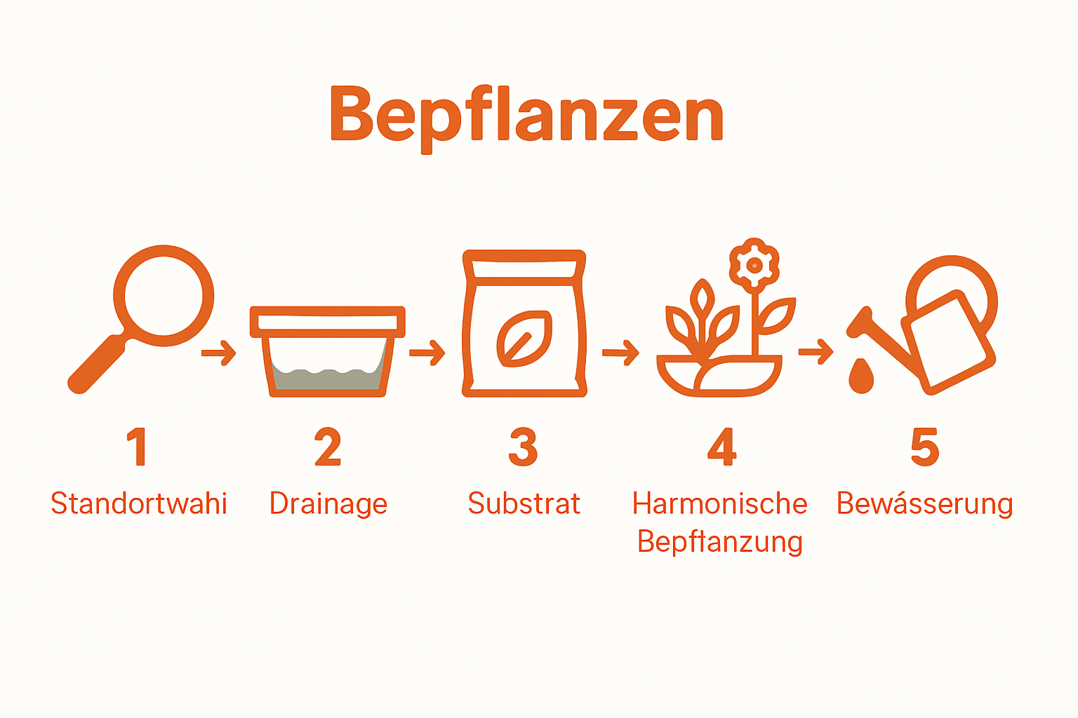 Workflow Infografik Pflanztröge bepflanzen in fünf Schritten