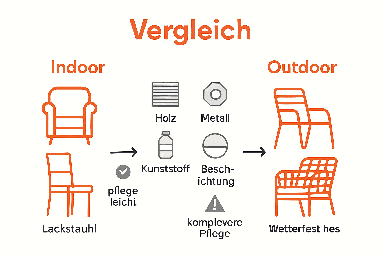 Vergleich von Innen- und Außenmöbeln mit Materialien und Eigenschaften.