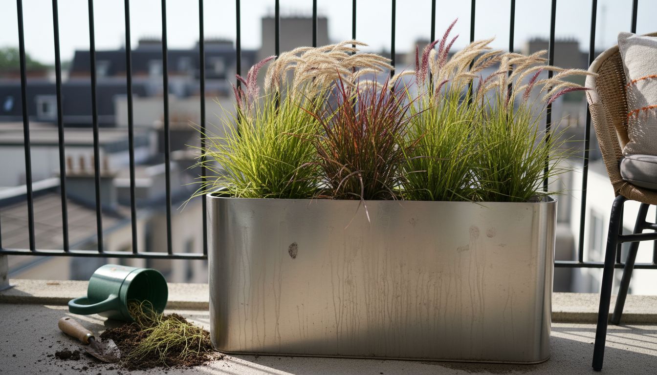 Steel planter on urban balcony with grasses