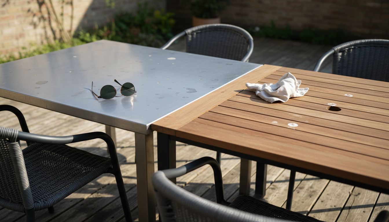 Metal and wood tables on garden deck