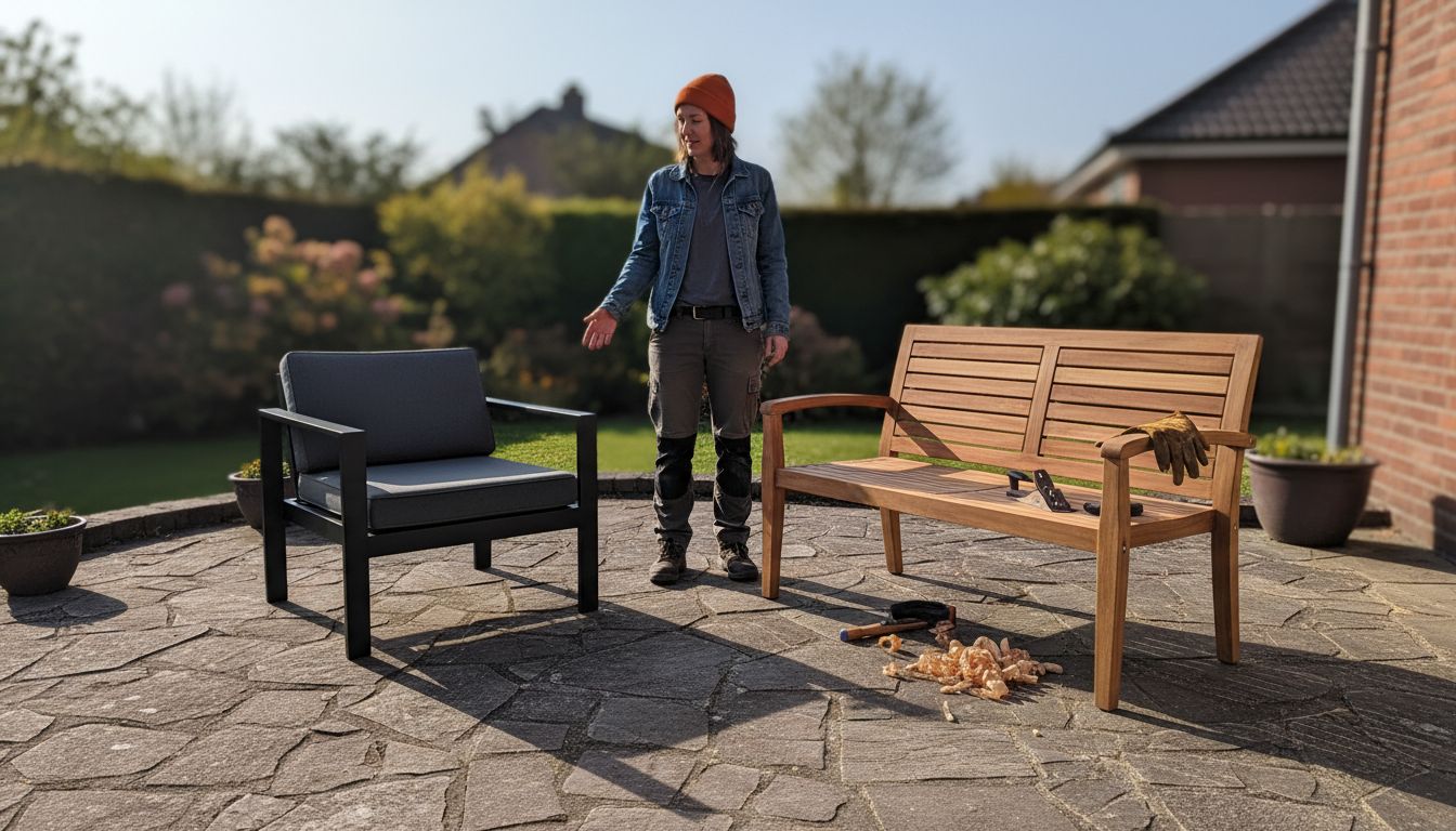 Designer zeigt Materialien moderner Terrassenmöbel