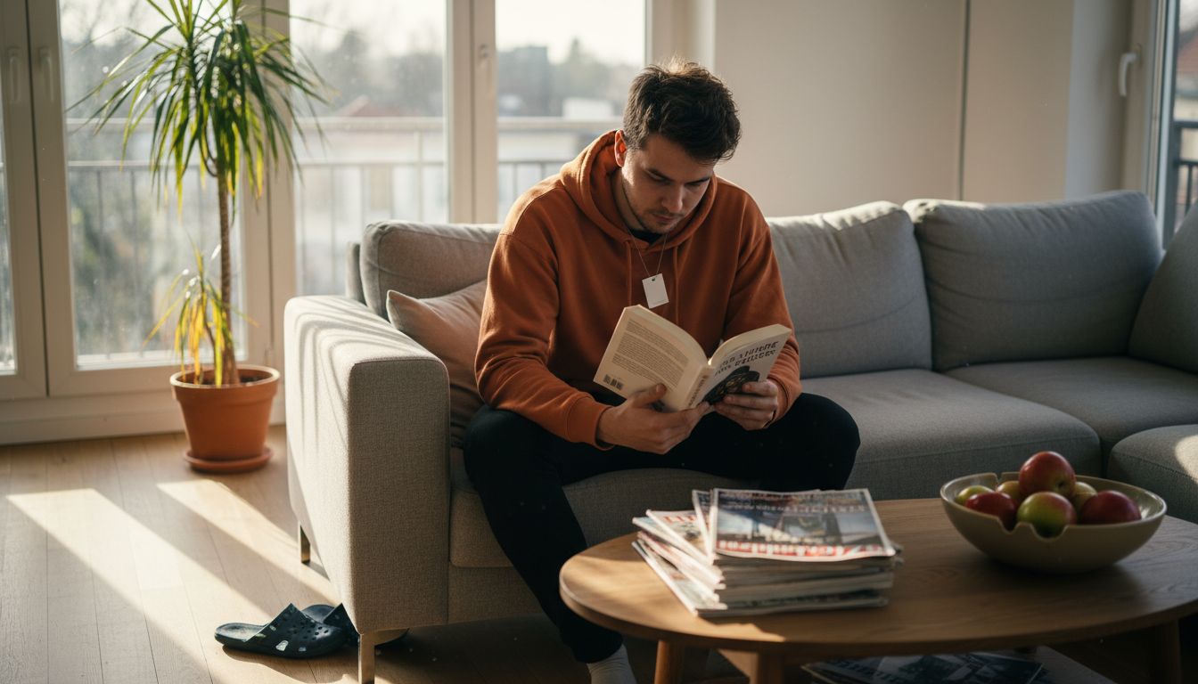 Ein Mann sitzt entspannt auf dem Sofa und liest ein Buch im gemütlichen Wohnzimmer.