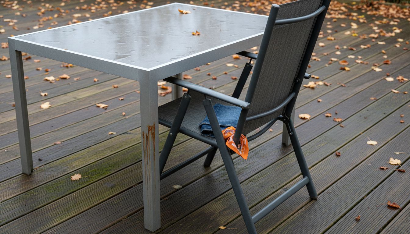 Feuchtigkeit auf dem Aluminiumtisch auf der Terrasse