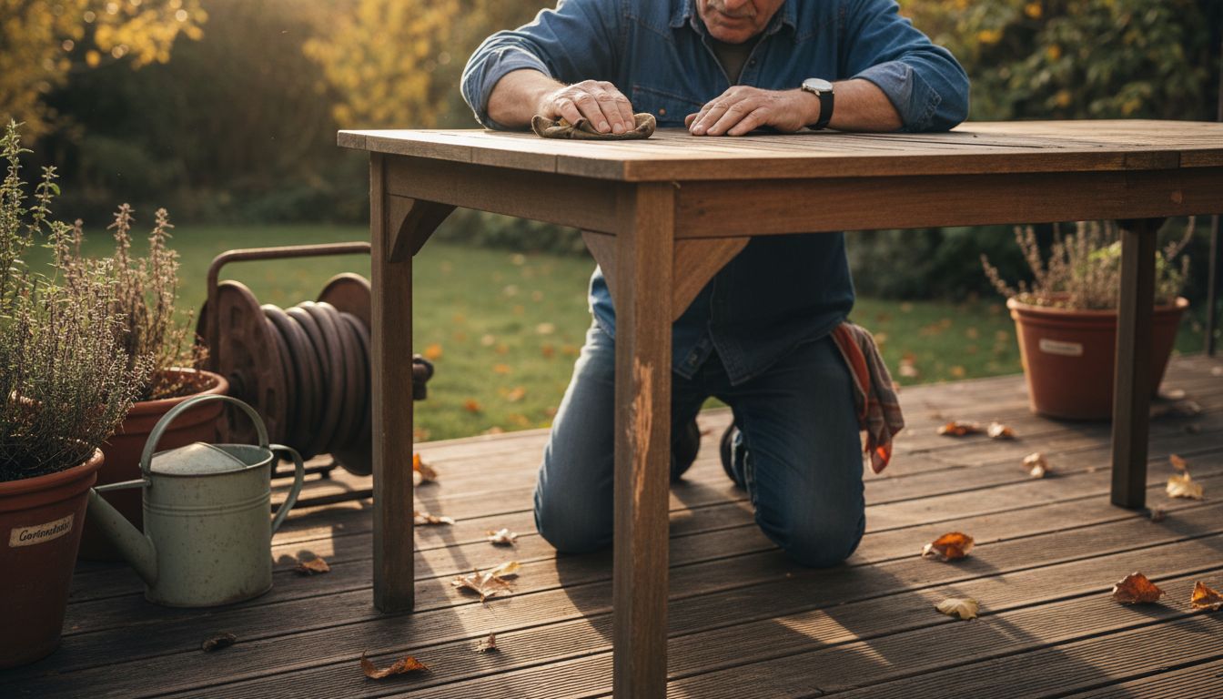 Ein Mann pflegt aus nächster Nähe seine Gartenmöbel.