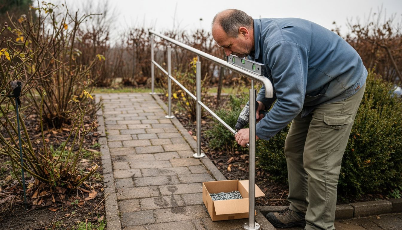 Ein Mann montiert ein Geländer aus Edelstahl im Garten.