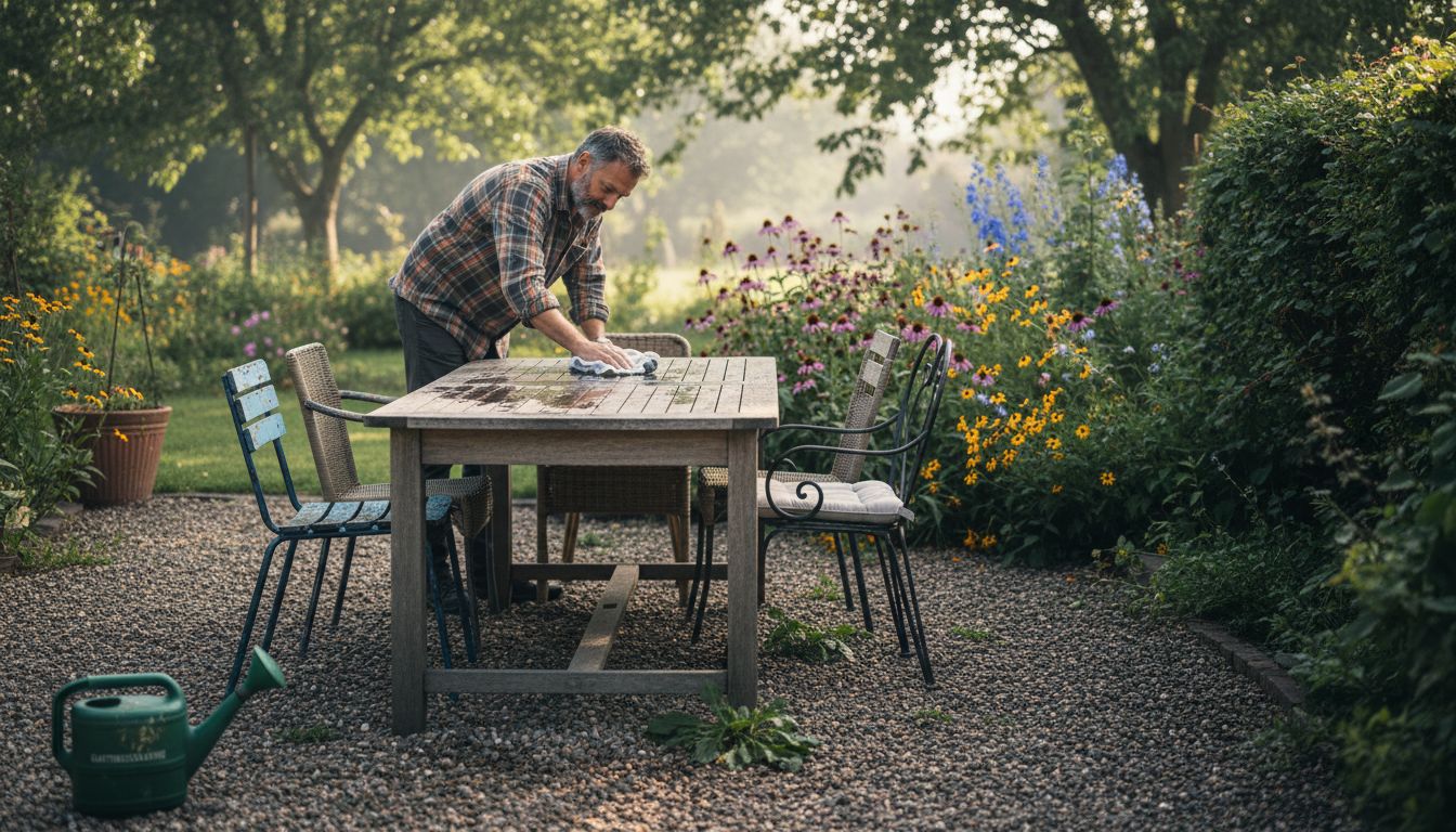 Ein idyllisches Gartenambiente mit zeitlosen Holzmöbeln lädt zum Entspannen und Verweilen ein.