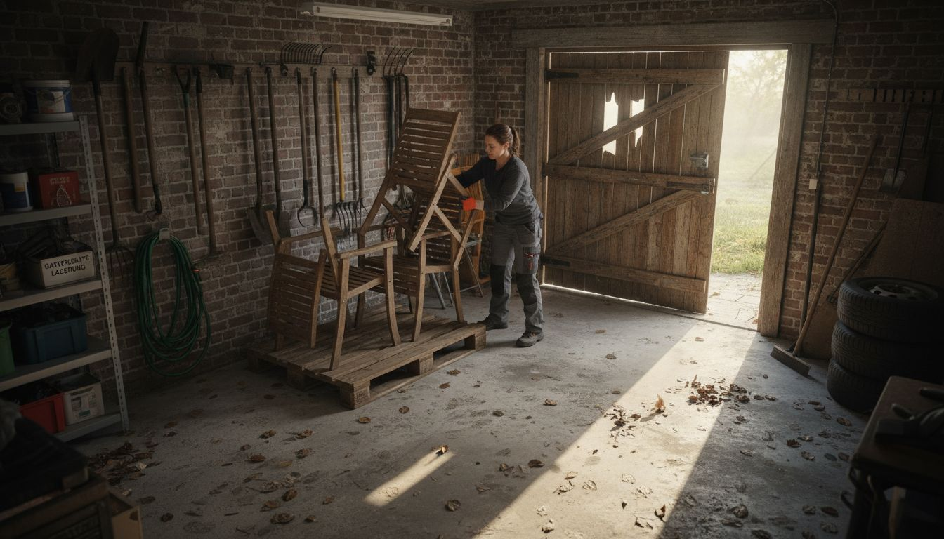 Eine Frau stellt Stühle auf eine Palette in der Garage.