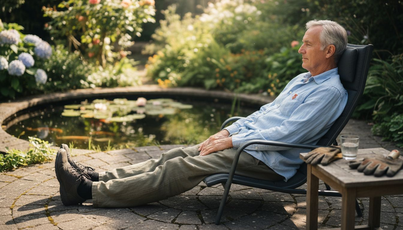 Ein älterer Herr genießt entspannt den Nachmittag auf seiner Terrasse und macht es sich in den Gartenmöbeln bequem.
