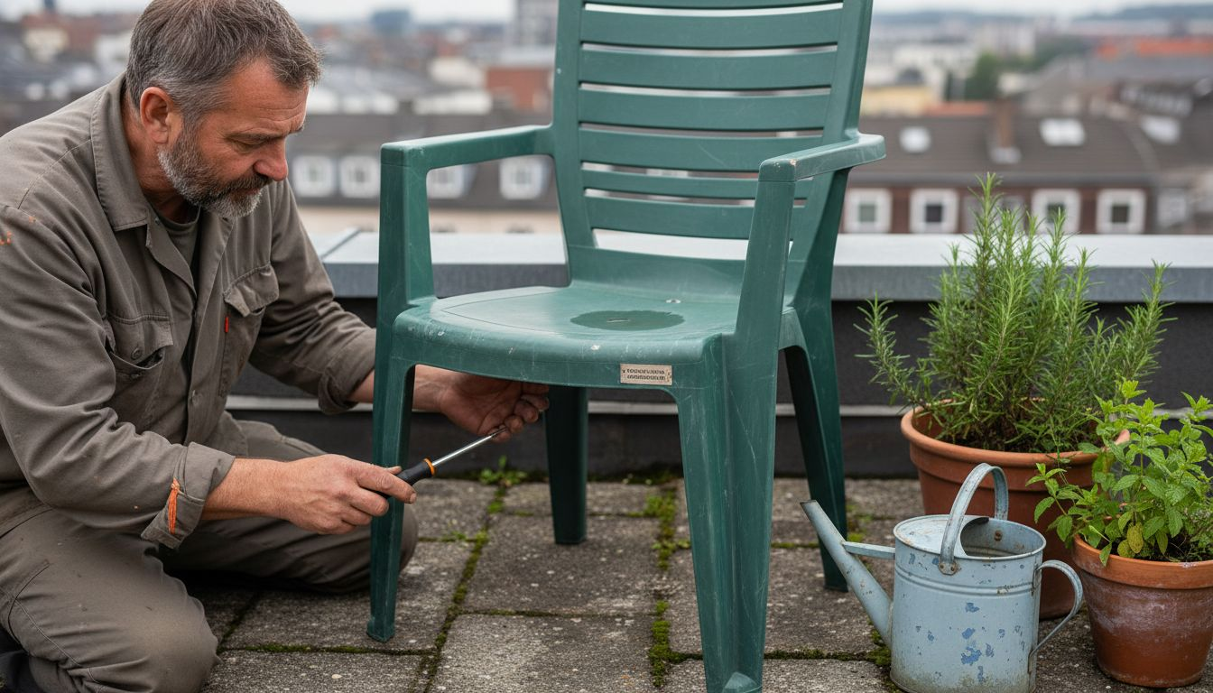 Ein Handwerker prüft einen Gartenstuhl aus recyceltem Kunststoff auf seine Qualität.