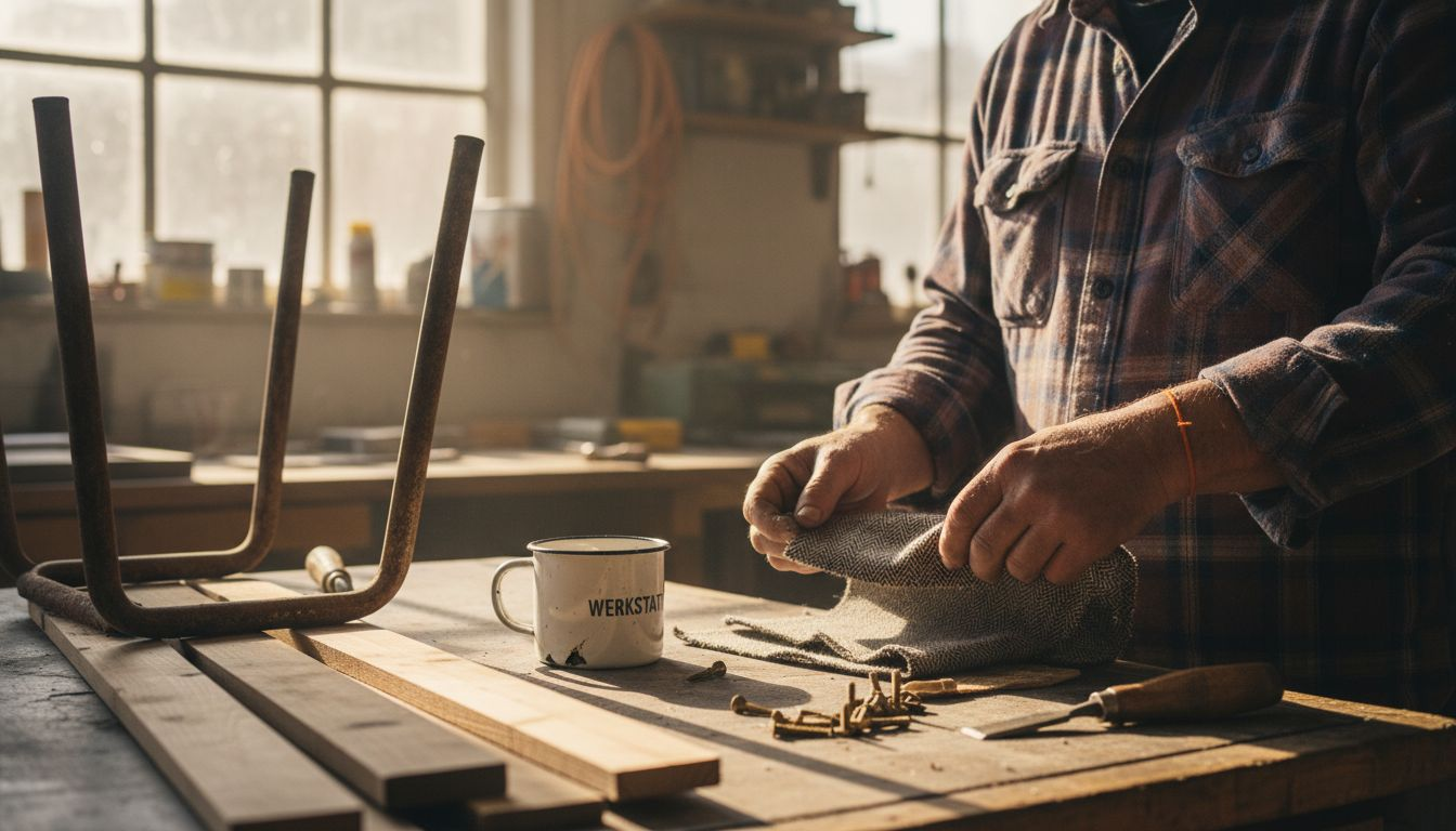 Materialien für Gartenmöbel in einer belebten Werkstatt