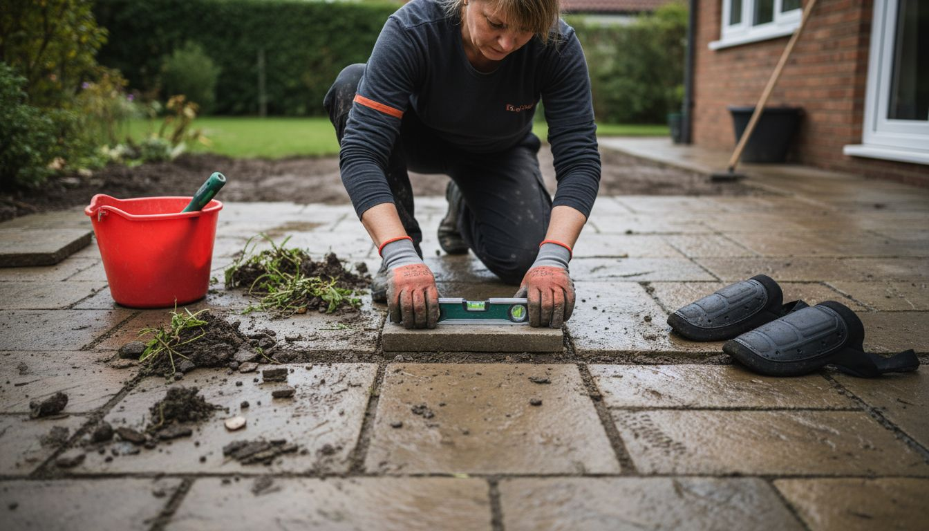 Pflastersteine für den Gartentisch eben ausrichten