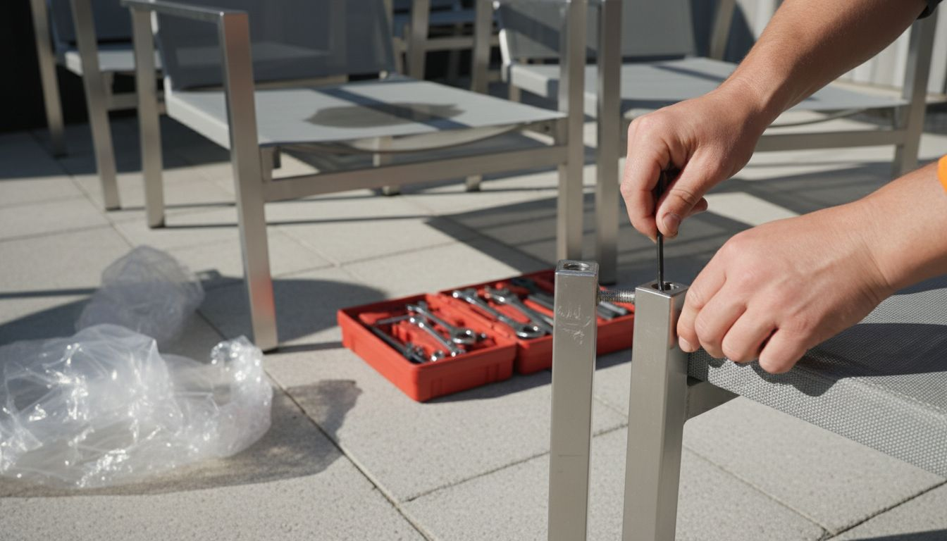 An Gartenmöbeln werden Befestigungselemente angebracht.