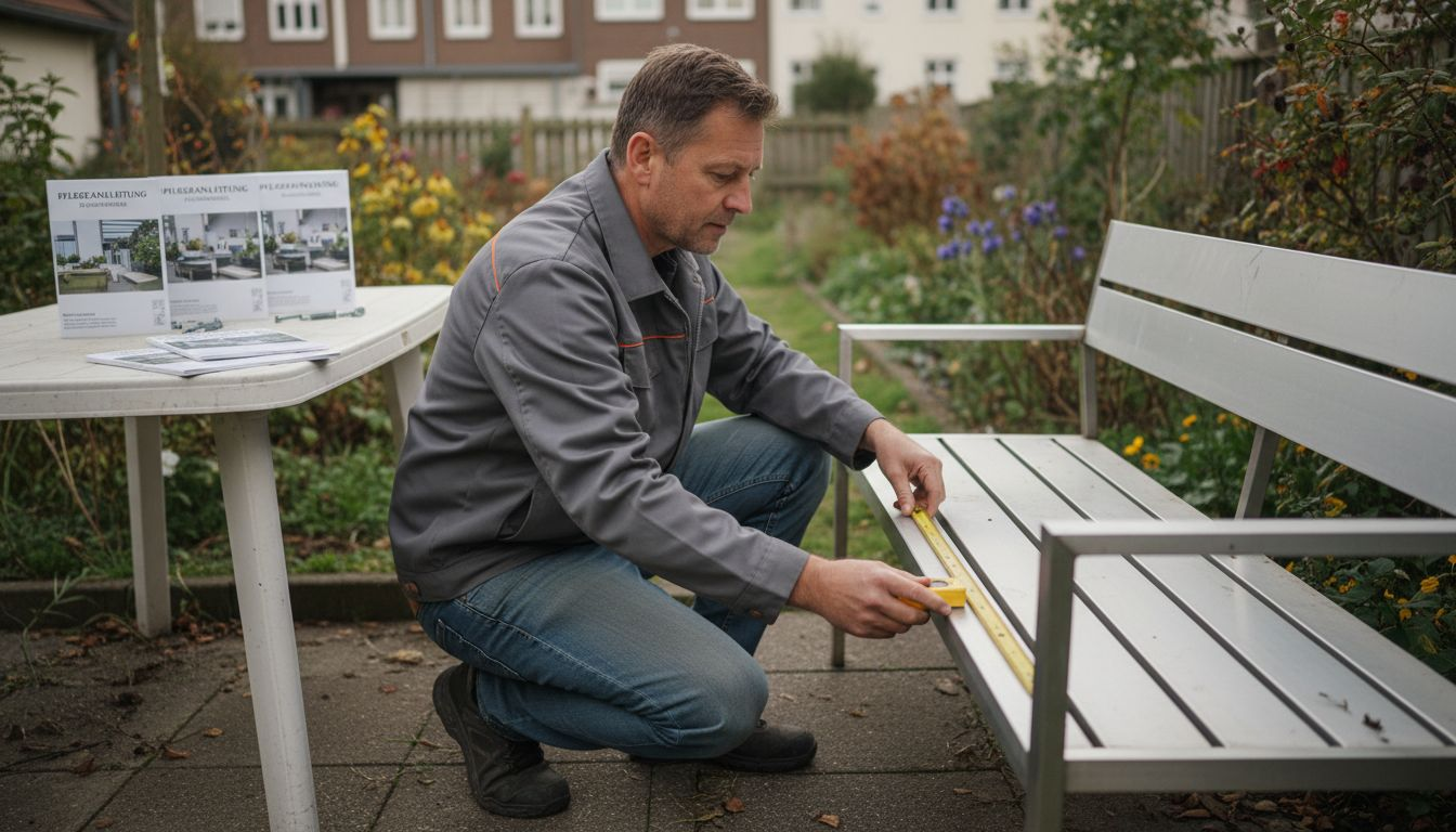 Ein Mann begutachtet das Material einer Gartenbank.