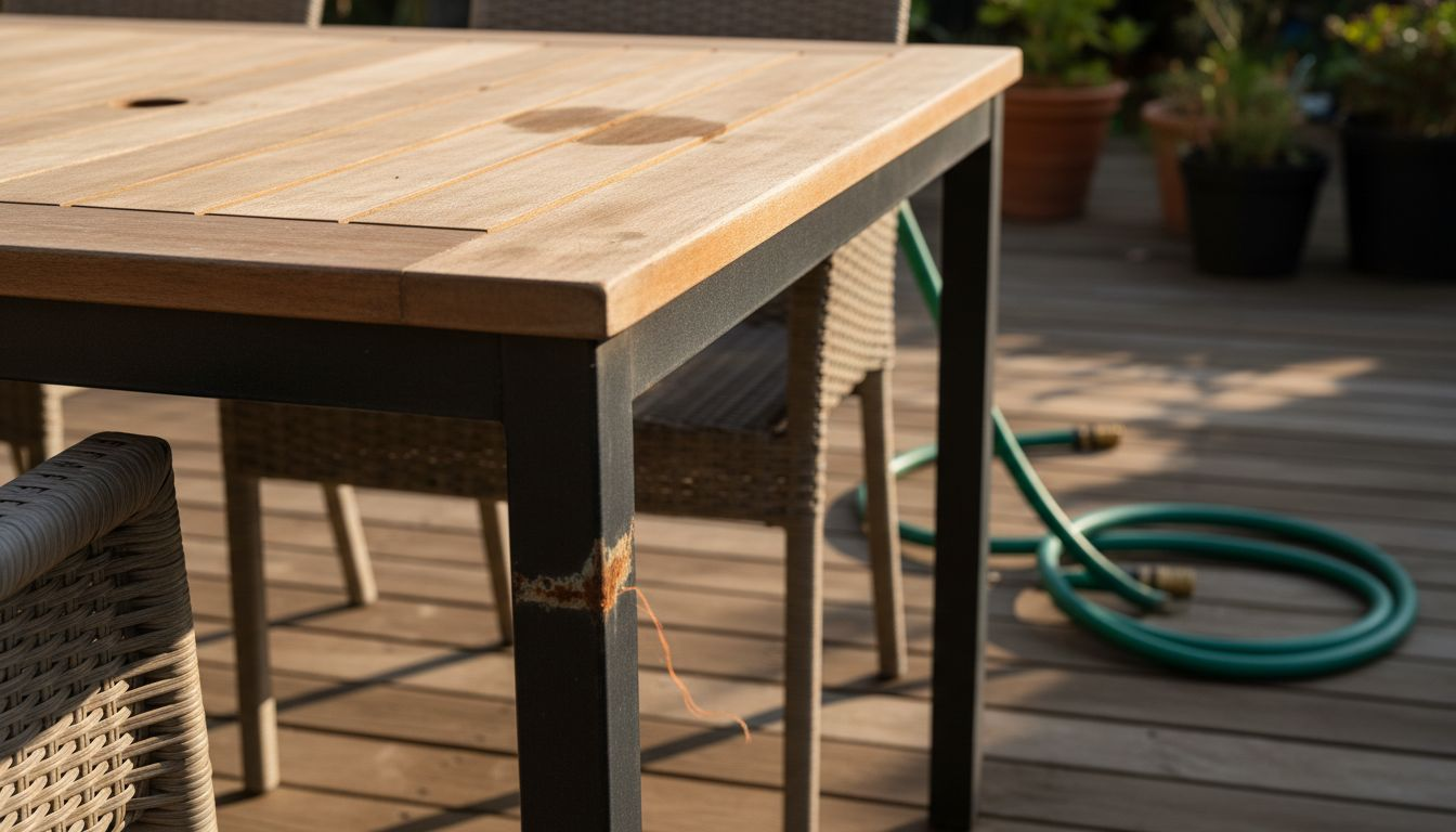 Nahaufnahme der Tischplatte und des Gestells unseres Outdoor-Tisches