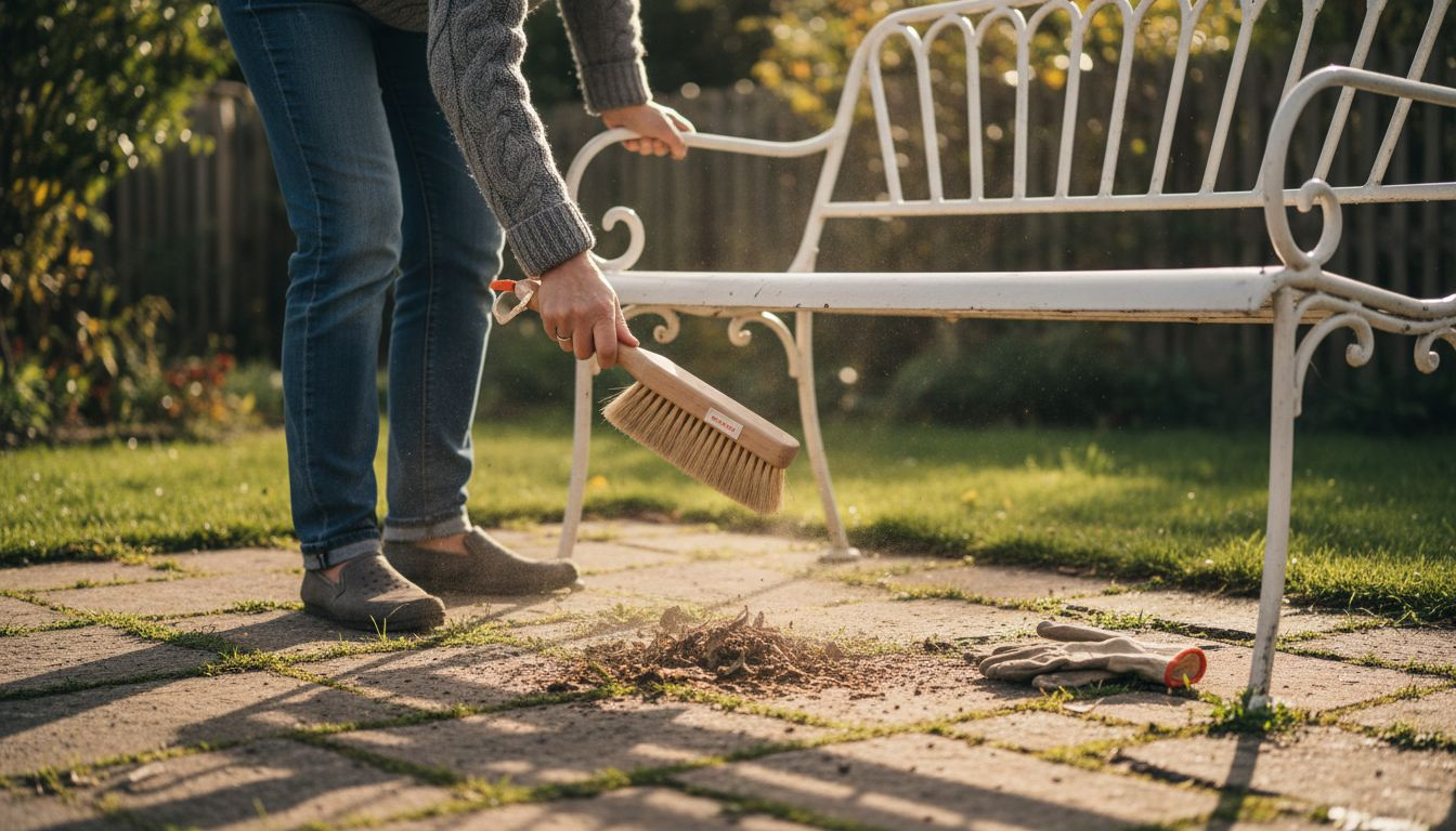 Eine Frau wischt Staub von einer Metall-Gartenbank im Freien.