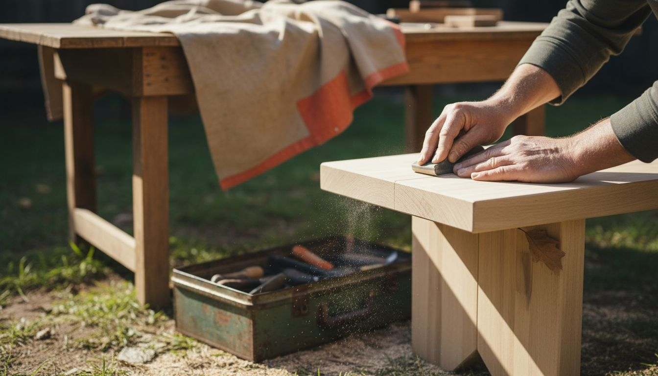 Ein Handwerker schleift sorgfältig die feinen Details einer selbstgebauten Gartenbank ab.