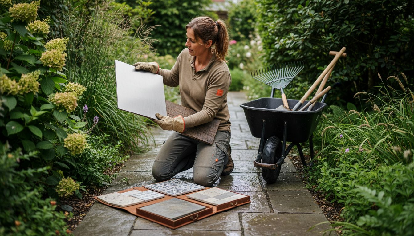 Ein Designer prüft draußen die Eigenschaften von Holz und Stahl.