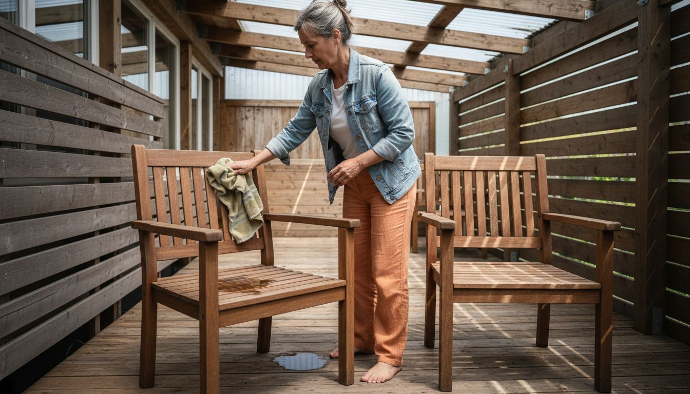 Eine Frau trocknet einen frisch gereinigten Holzstuhl auf der Terrasse ab.