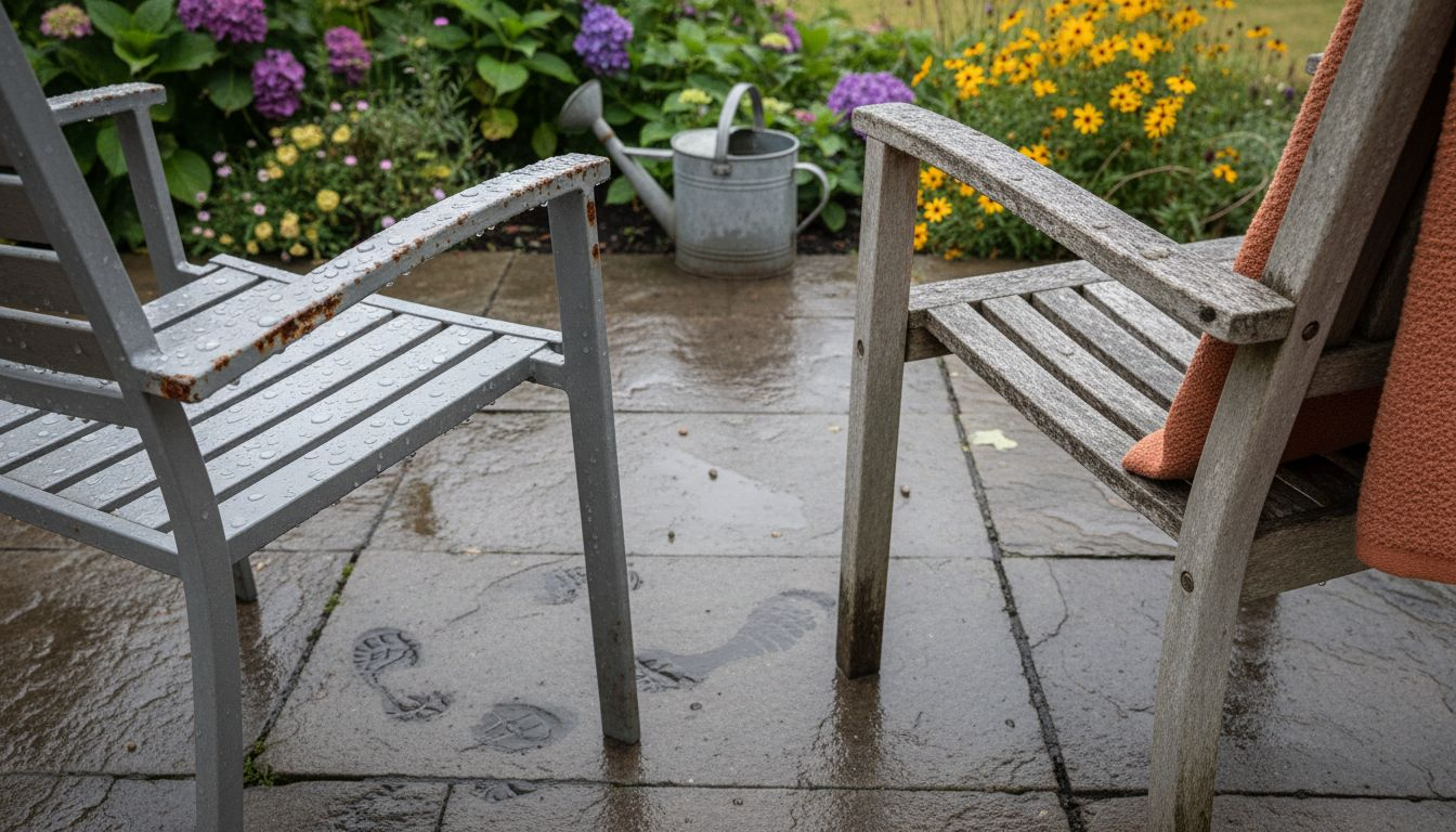 Nahaufnahme von alten, vom Regen durchnässten Gartenstühlen.