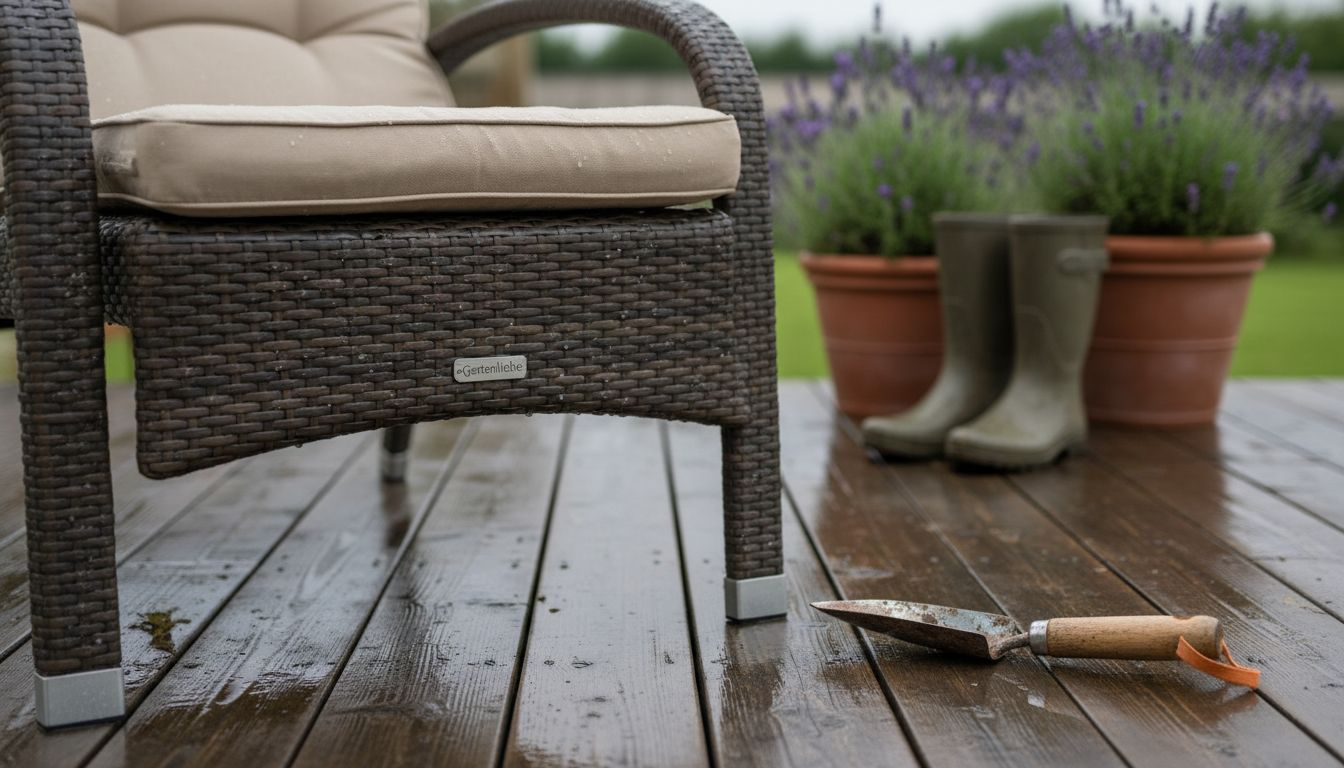 Nahaufnahme eines Gartenstuhls mit Regentropfen nach einem Schauer