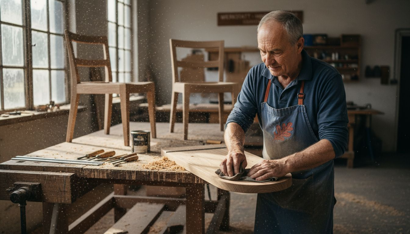 Ein Handwerker fertigt einen Gartenstuhl aus Eiche an.