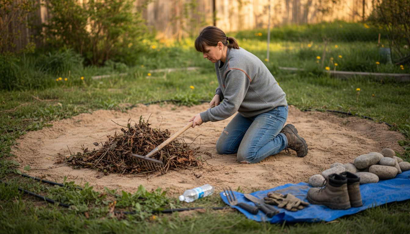 Eine Frau richtet einen sicheren Untergrund für die Feuerstelle her.