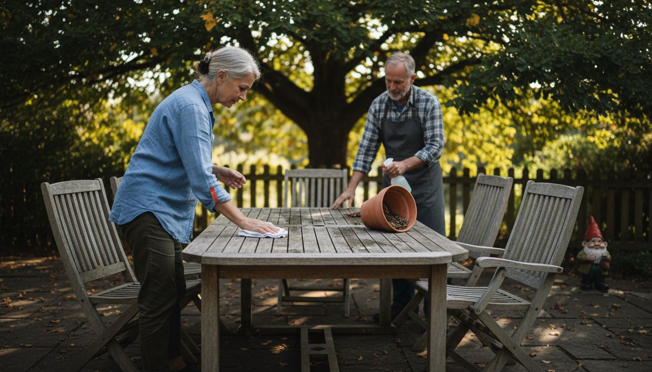 Ein Paar reinigt gemeinsam draußen die Holzstühle im Garten.