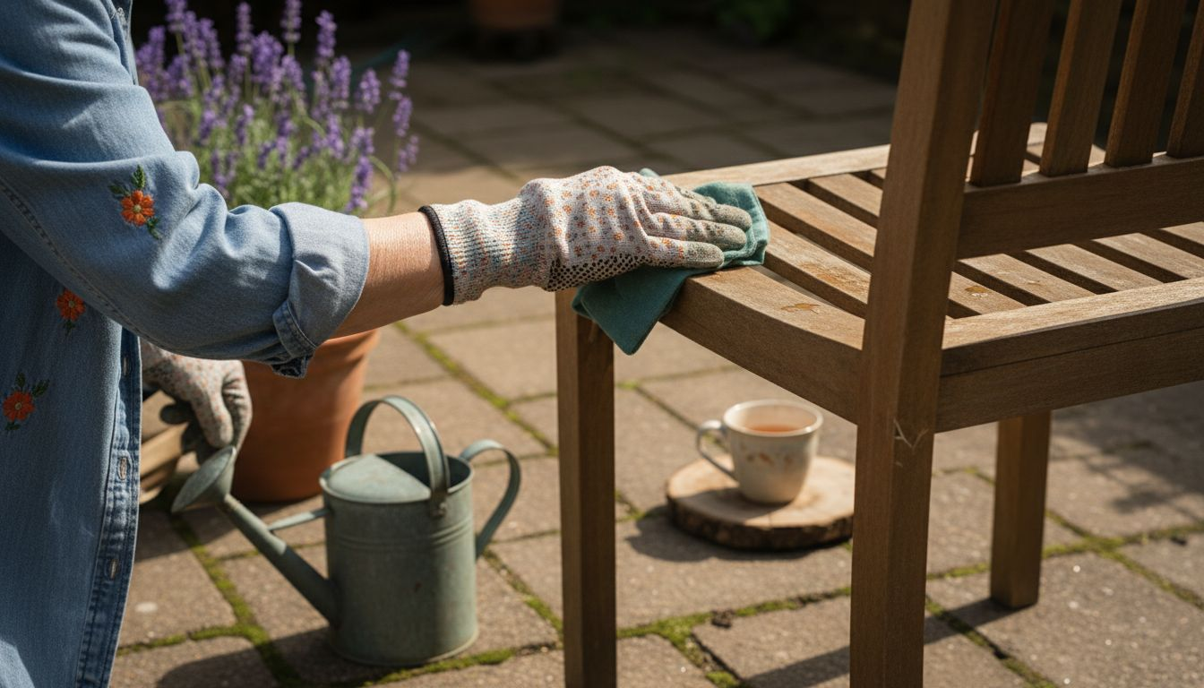 Eine Frau pflegt ihren Gartensessel aus Teakholz und sorgt dafür, dass er lange schön bleibt.