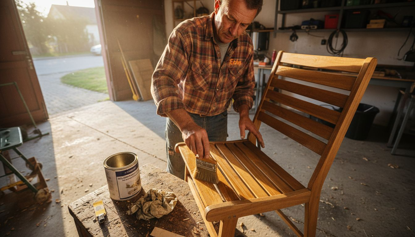 Ein Handwerker bearbeitet das Holz eines Gartenstuhls, um es wetterfest und langlebig zu machen.