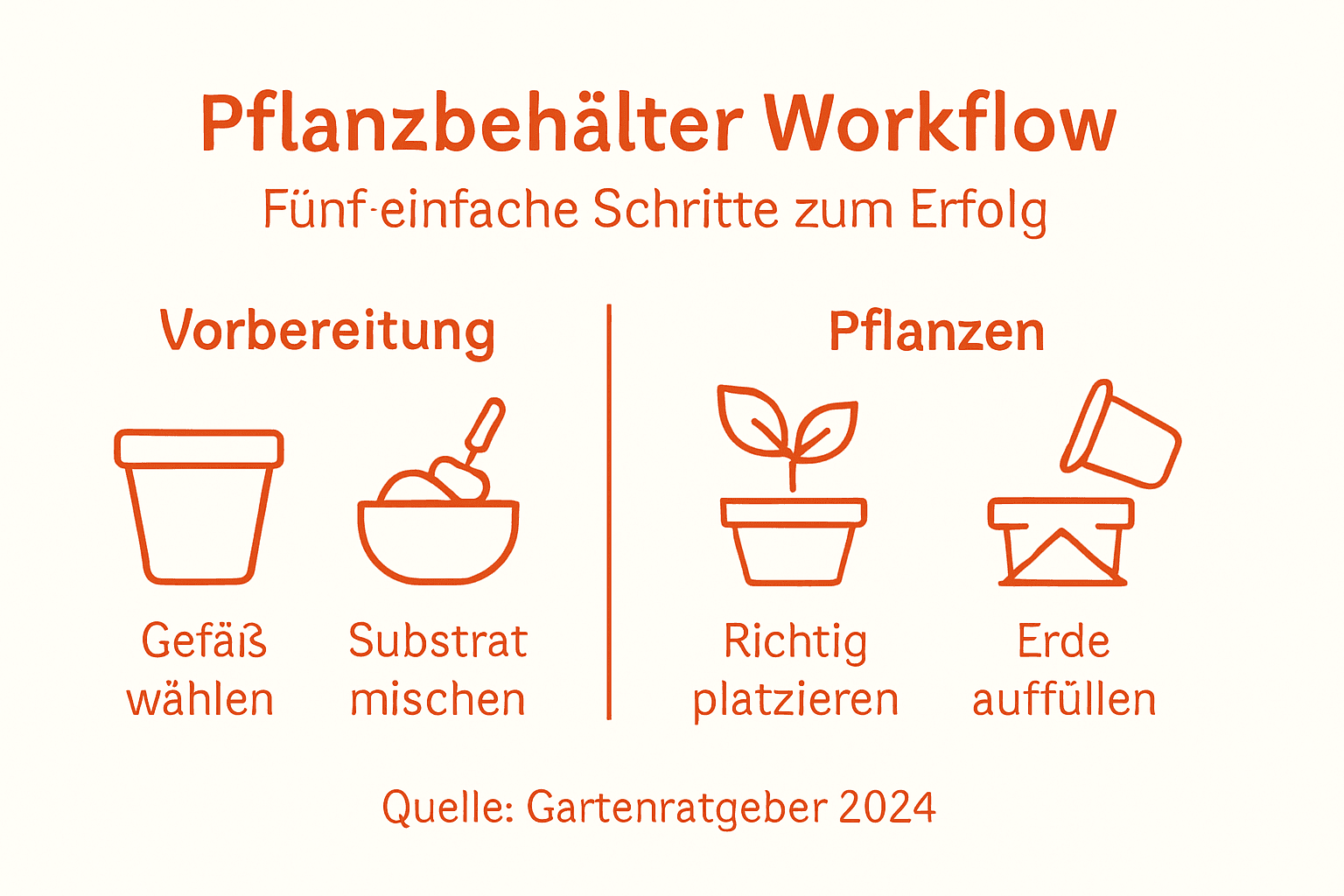 Die Infografik veranschaulicht den Ablauf bei der Nutzung von Pflanzgefäßen in fünf übersichtlichen Schritten.