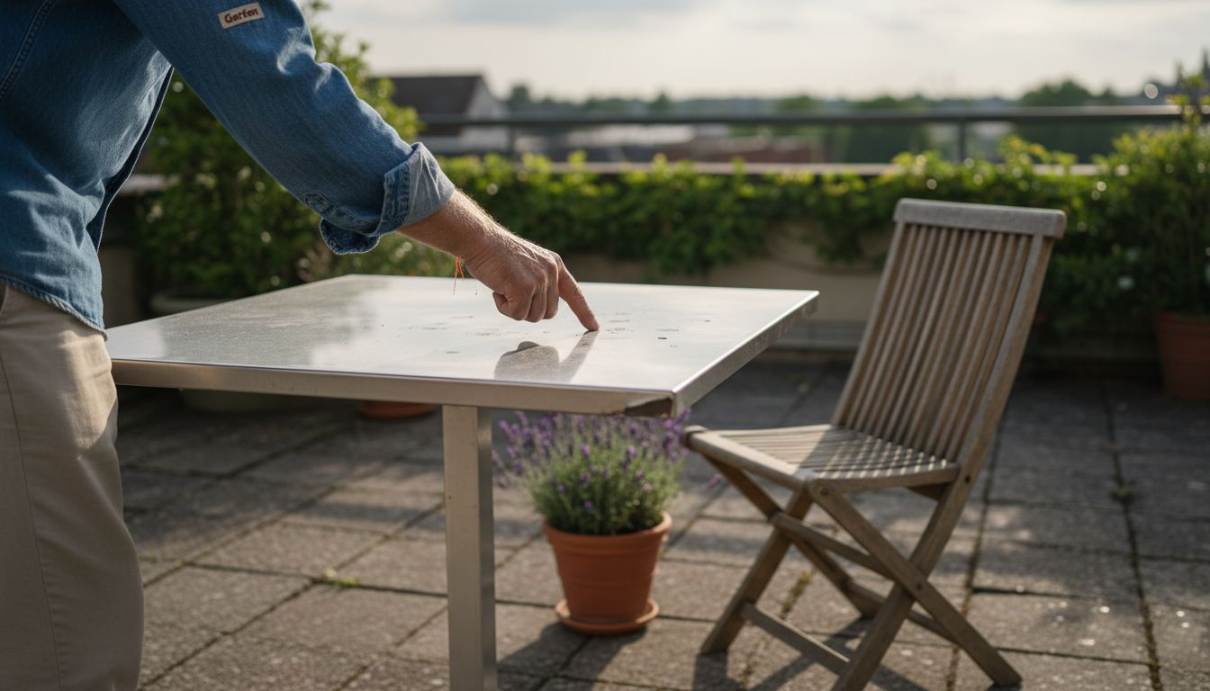 Ein Mann begutachtet wetterfeste Gartenmöbel.