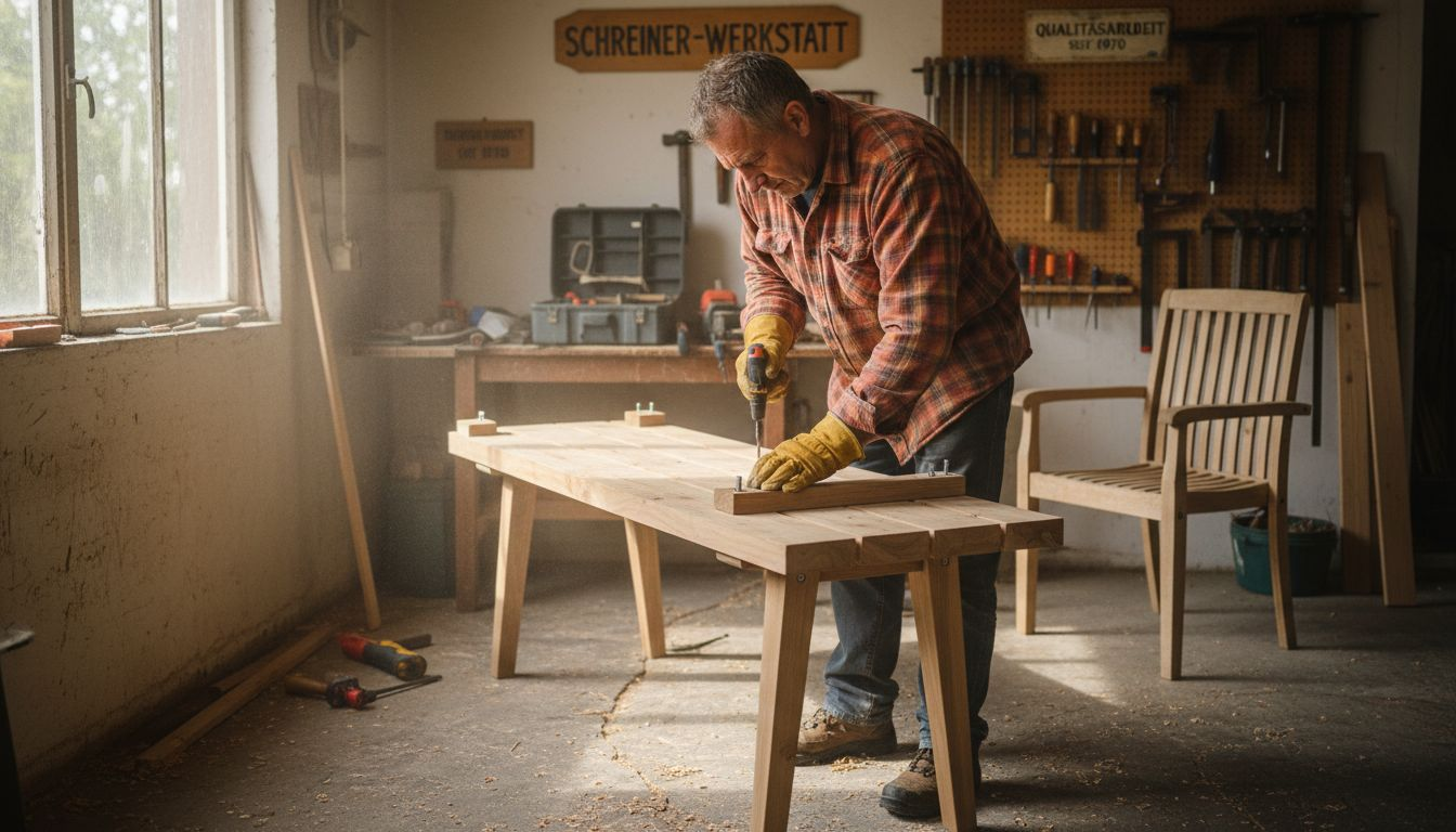 Ein Handwerker prüft sorgfältig die Verbindungen der Holzbank, um sicherzustellen, dass alles stabil und fachgerecht verarbeitet ist.
