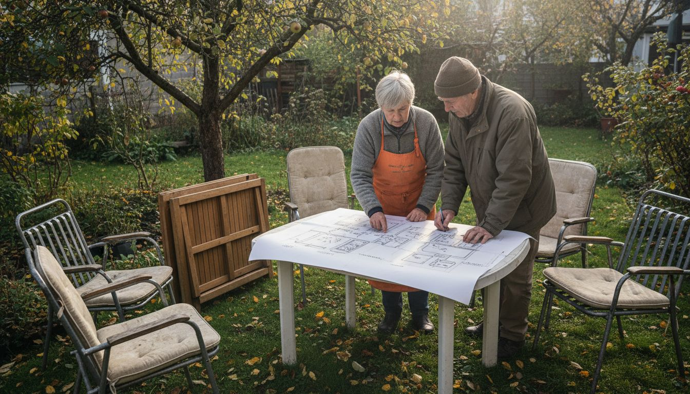 Ein Paar macht sich Gedanken über die Auswahl ihrer Gartenmöbel und fertigt dazu Skizzen an.