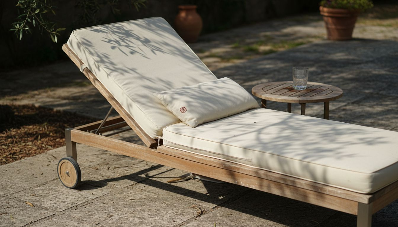 Das besondere Design-Detail eines Outdoor-Stuhls aus Teakholz und Stahl