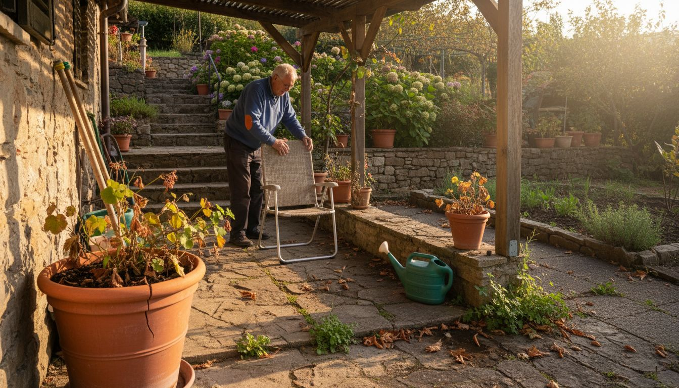 Ein Mann rückt einen Stuhl unter die Gartenpergola.