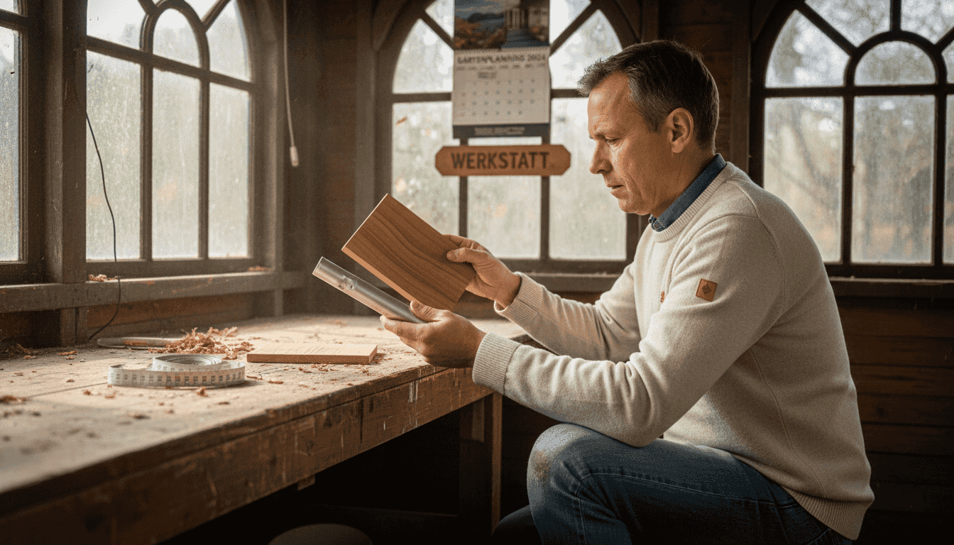 Ein Mann begutachtet wetterfeste Materialien für Gartenmöbel.