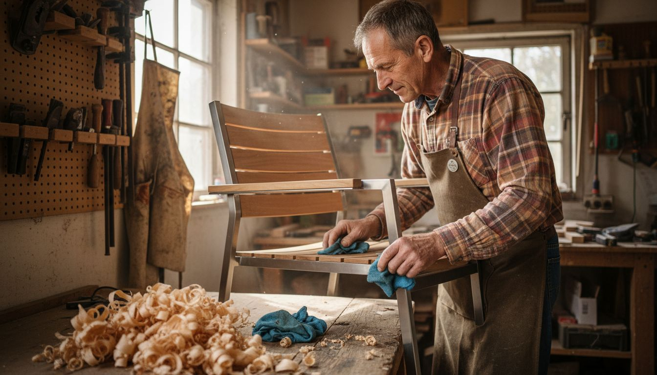 Ein Handwerker behandelt einen Stuhl aus FSC-zertifiziertem Holz sorgfältig mit Öl.