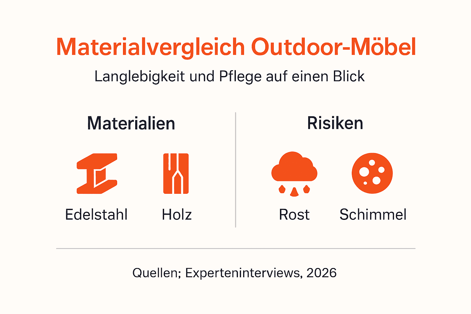 Infografik: Welche Materialien eignen sich für Outdoor-Möbel und worauf sollte man bei möglichen Risiken achten?