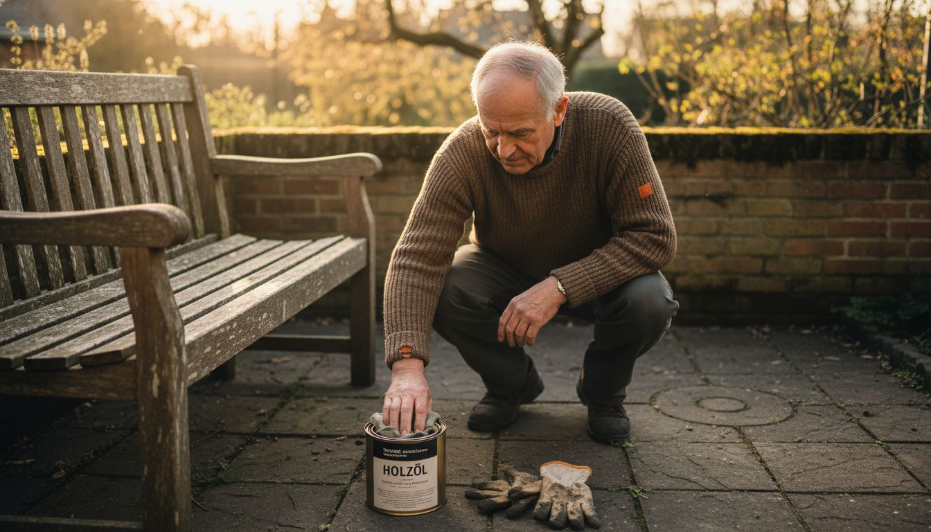 Ein Mann pflegt eine alte Holzbank im Garten und trägt sorgfältig Öl auf, damit sie wieder wetterfest wird.