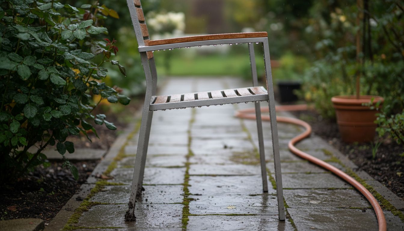 Gartenstuhl aus Edelstahl nach einem Regenschauer