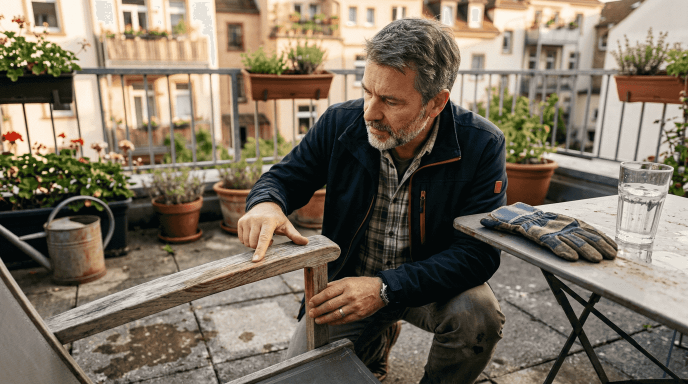 Ein Mann pipeline das Material eines wetterfesten Gartenstuhls auf seine Robustheit.