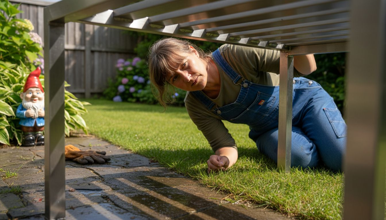 Eine Frau überprüft im Garten sorgfältig die Schweißnähte einer Sitzbank.